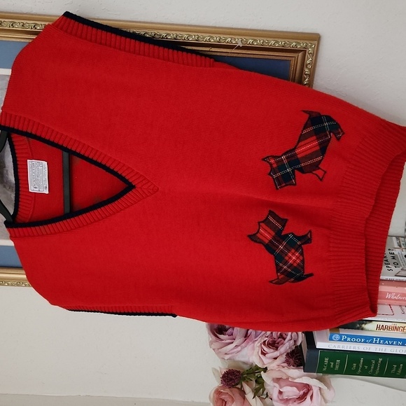 Vintage 100%Virgin Wool Red Sleeveless Vest with Plaid Dog Design Collegaite - Picture 2 of 9
